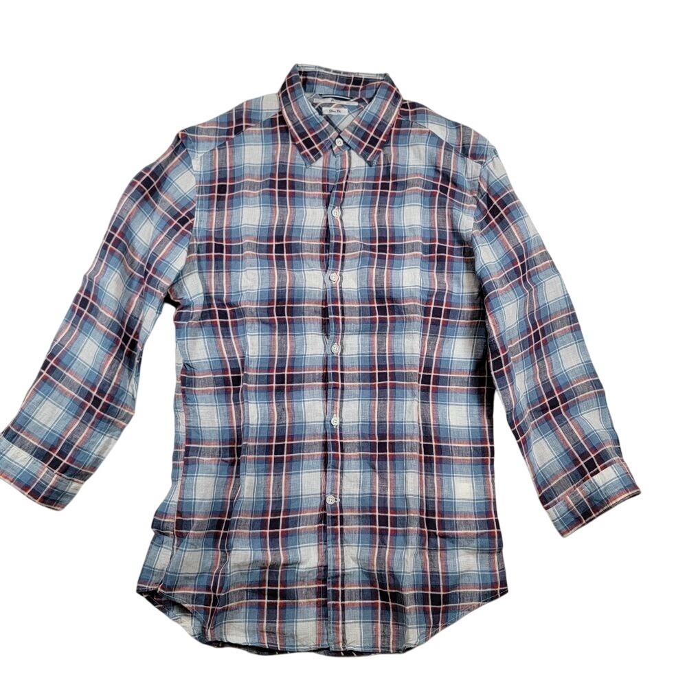 SHIPS Men's Linen Button Up Slim Fit Shirt Sz‎ Small (Japanese) Plaid